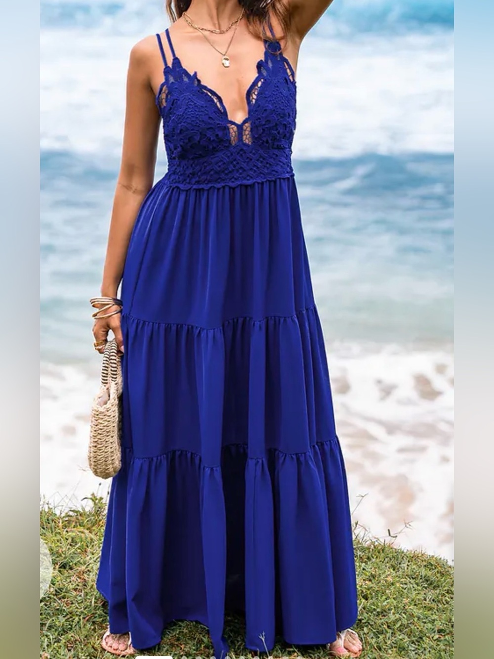 Cupshe Romantic Stroll Blue Maxi Dress Size S Blue With Crochet Lace Bodice